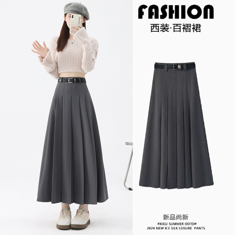 Jk Skirt Women's Autumn and Winter High Waist Slimming Pleated Skirt Belt Large Waist High Waist Suit Elegant Fashionable Mid-Length Skirt