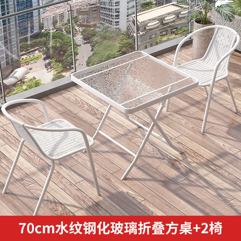 Mesa y silla de balcón de tres piezas, mesas de té casuales, combinación de vidrio blanco plegable, una mesa y dos sillas, mesas de té pequeñas