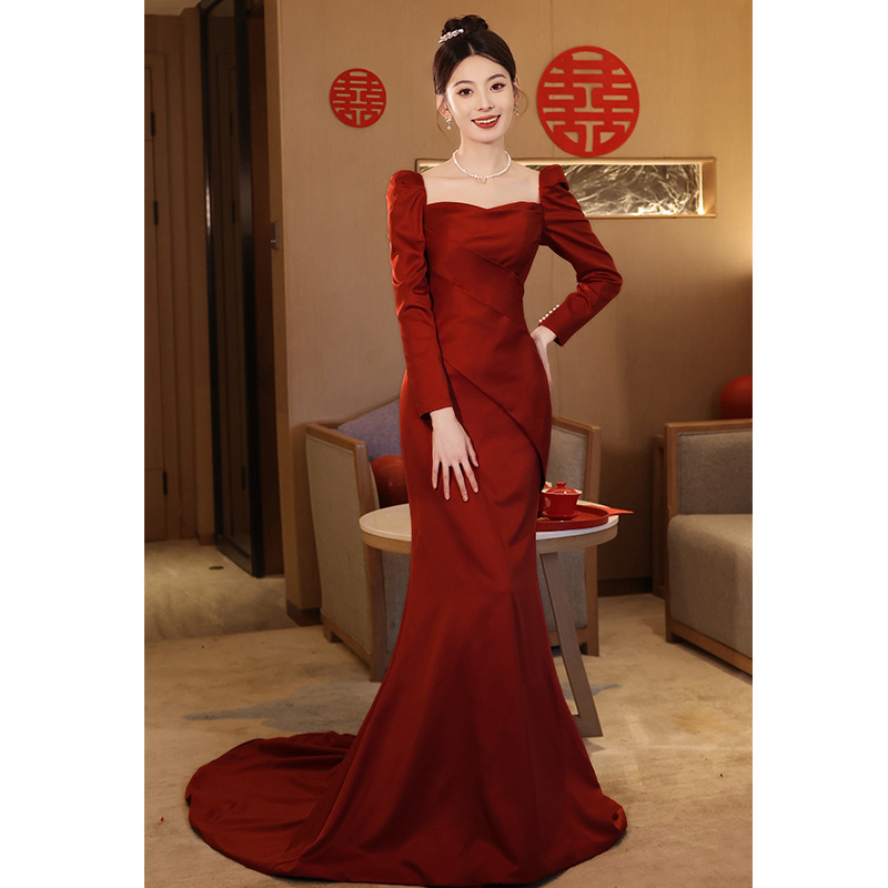 Fishtail toast dress bride wine red high-grade sexy square collar engagement dress trailing wedding dress long sleeve