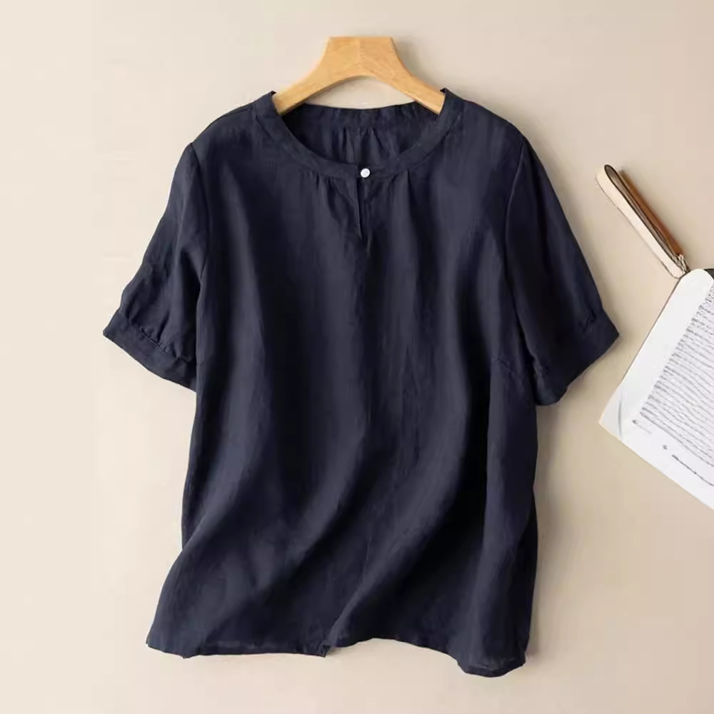 Women's Summer Casual Cotton-Linen Short-Sleeved T-Shirt In A Solid Color, Versatile And Comfortable To Wear; Features A_ecoleips.com