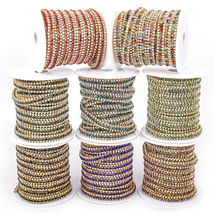 Wei Chen color AB drill three rows of claw chain gold bottom plating dense rhinestone chain DIY hand sewing drill chain jewelry wholesale