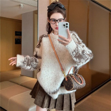 欧美复古套头毛衣女冬季软糯慵懒风毛绒打底针织衫上衣