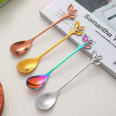 Spoon不鏽鋼叉子金色樹葉水果叉歐式甜品勺創意家用咖啡勺蛋糕勺