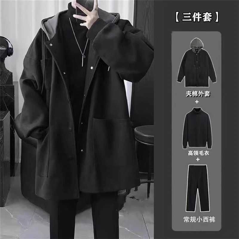 Woolen coat black + sweater black + trousers black regular three-piece set