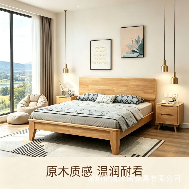 Modern minimalist solid wood bed frame with side-opening drawers for storage, double bed for bedroom with large storage capacity Modern minimalist solid wood bed frame with side-opening drawers for storage, double bed for bedroom with large storage capacity