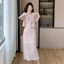 2024夏季新款韩版时尚甜美减龄气质蕾丝绣花洋气长裙两件套套装裙