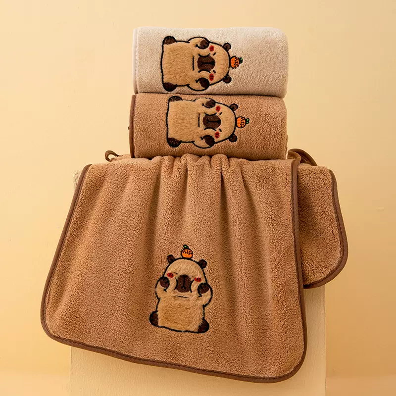 定制跨境热卖卡皮巴拉毛巾浴巾套装卡通刺绣珊瑚绒家用吸水速干浴