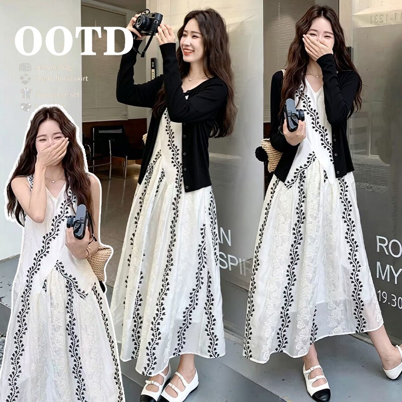 Maternity tank top dress set, ethnic style dress, sun protection jacket, elegant off-white 2-piece set, black jacket