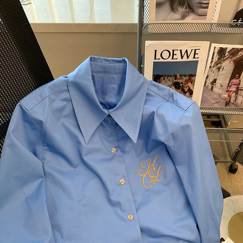 Blue Metal Button Embroidered Polo Collar Women's Shirt 2024 Autumn New High-End Loose Casual Elegant Top