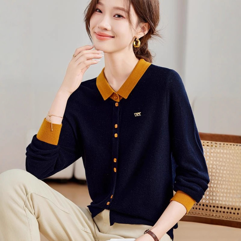 撞色娃娃领毛衣女2025新款春秋款小翻领针织衫女设计感洋气打底衫|undefined