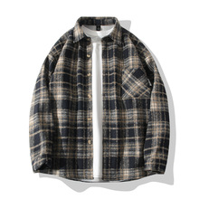 亚马逊新款男士毛呢格子长袖衬衫港风潮流时尚宽松大码衬衣外套男