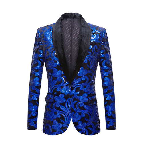 Men's royal blue sequins Velvet jazz dance blazers lapel collar singers choir groomsman stage performance dress Suit Coat Wedding Banquet cocktail party coats