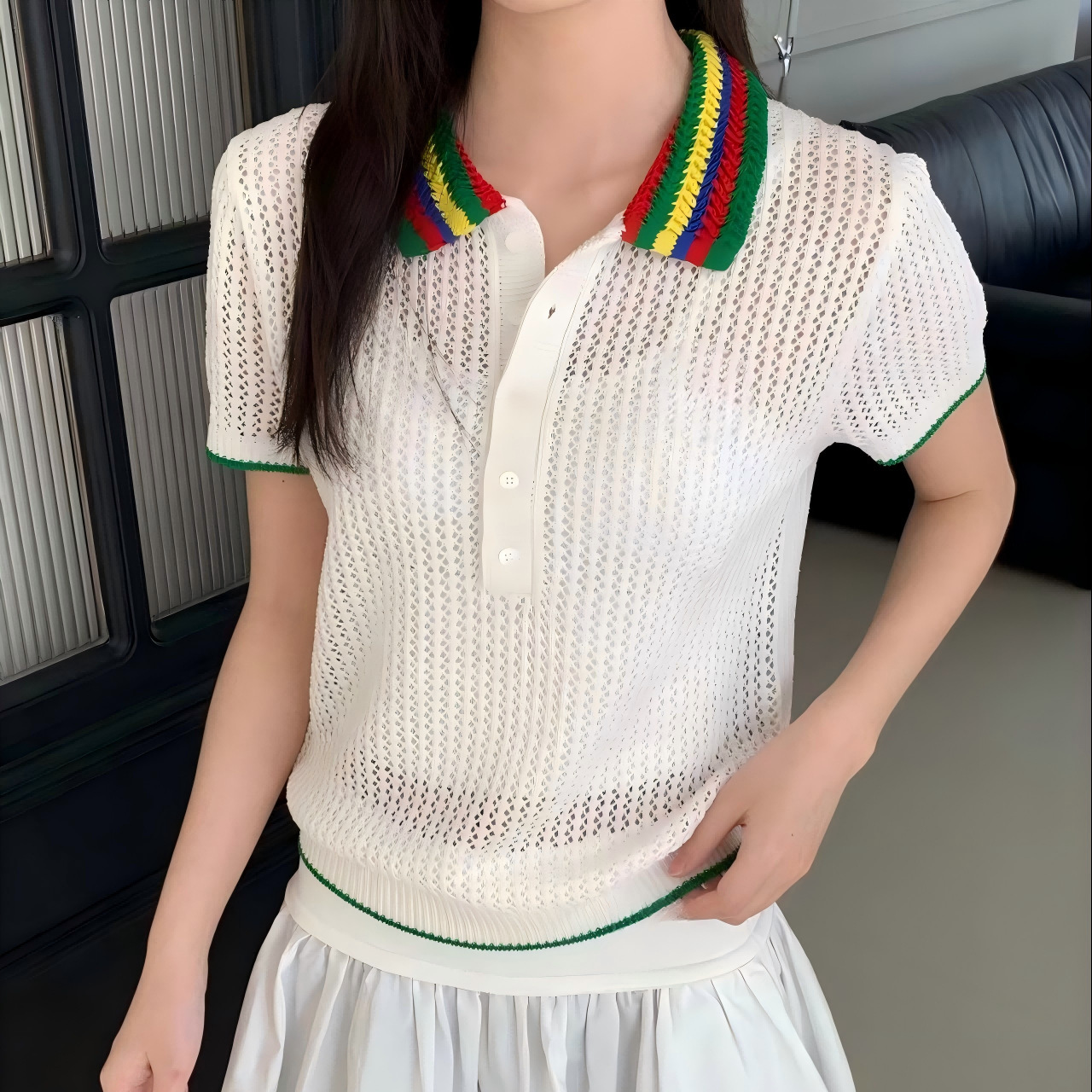 R~女装 26年夏修身版网眼针织Polo衫镂空短袖