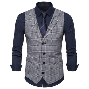 Cross-border British Gentleman Men's Suit Collar Plaid Vest Business Commuter to Work Single-breasted Suit Vest Waistcoat
