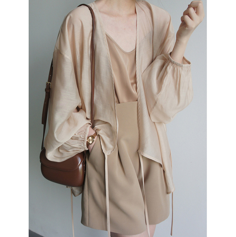 Asymmetric Lace-Up Lantern Sleeve Sun-Proof Shirt Women's Summer New Fashionable Loose Lazy Design Top