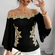 跨境女装新款性感一字肩T恤重工刺绣修身纯欲风露肩设计感上衣女