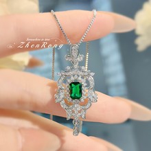 vintage中古祖母绿公主方钻吊坠欧美奢华宴会订婚彩宝锆石项链女