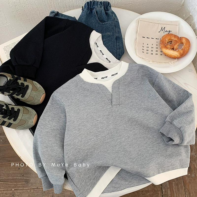 Детская толстовка 2026: новая весенняя коллекция, детская одежда для мальчиков в корейском стиле, имитация двухслойного пуловера, повседневный универсальный топ для малышей