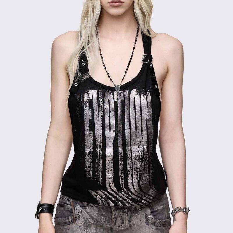 Vintage distressed fuzzy letter print camisole with multiple metal hole buckle straps, slim fit, punk style black tank top Vintage distressed fuzzy letter print camisole with multiple metal hole buckle straps, slim fit, punk style black tank top