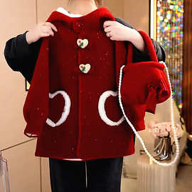 女童加绒外套冬季2025新款儿童洋气呢子大衣冬装女大童红色拜年服