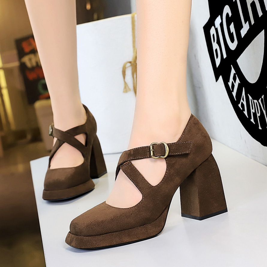 9613-8 European And American Style Women's Shoes, High-heeled, Chunky Heel, Platform, Shallow Square Toe, Buckle, Suede,_vogvips.com
