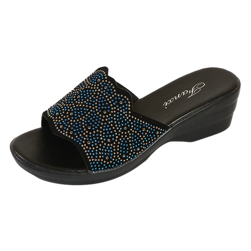 Толстоножие тапки на каблуке женский 2024 летний новый европейский и американский внешняя торговля рыбий рот стразы средние и римские холодные тапочки оптом