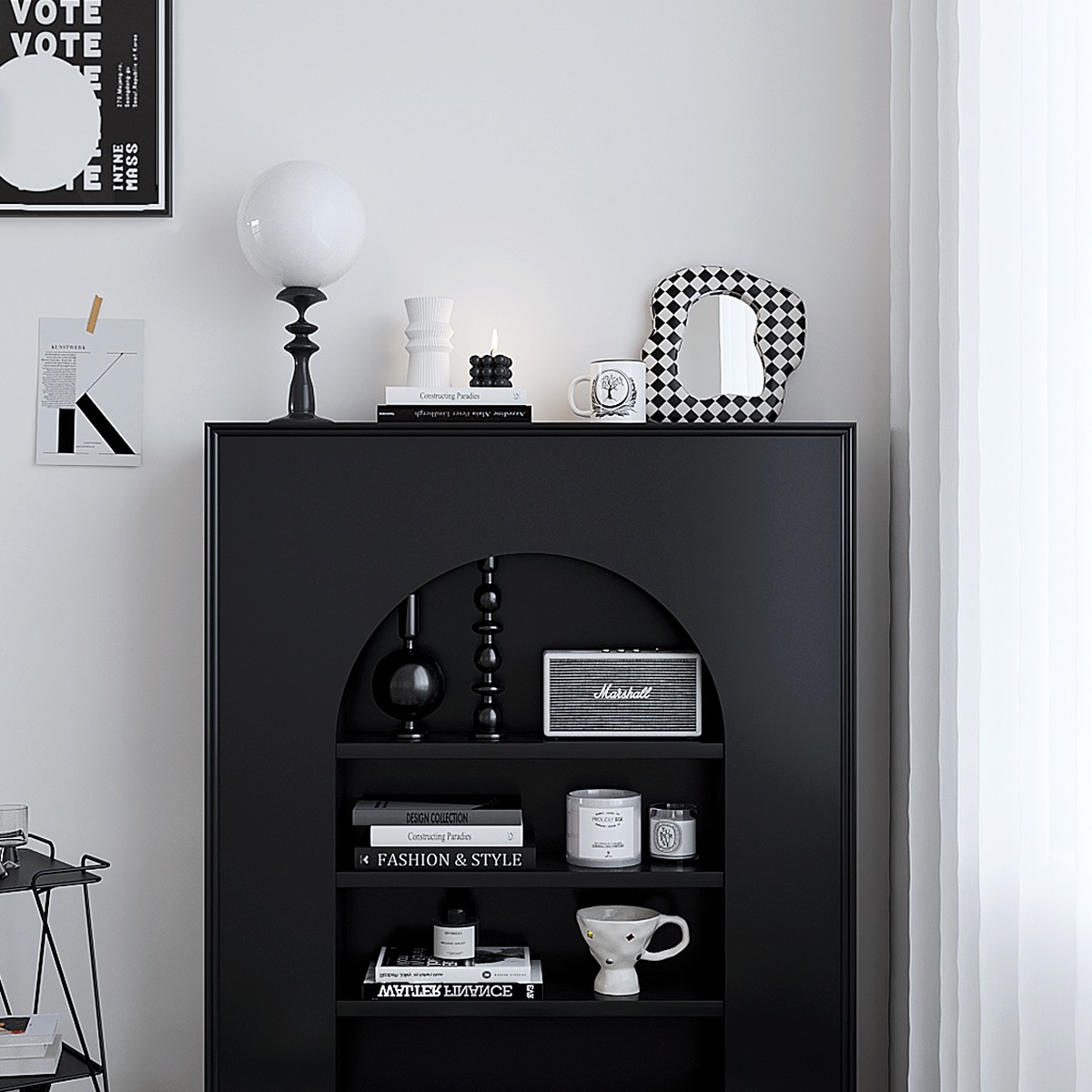 法式复古黑色简约假壁炉装饰边柜入户家用置物架展示柜子背景墙