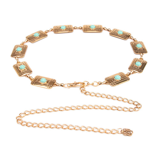 European and American fashion retro metal pattern waist chain women's versatile dress suit accessories agate stone decorative belt