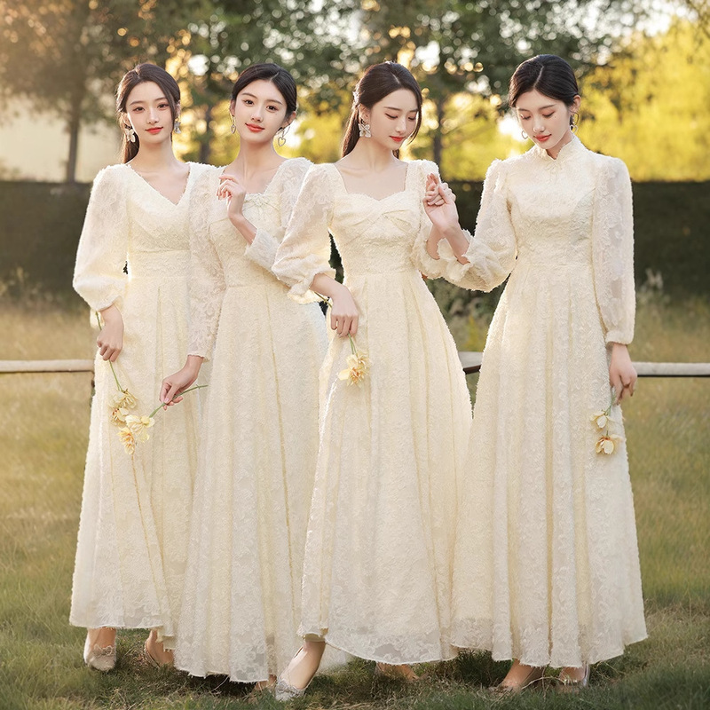 Champagne-Colored Bridesmaid Dress Long Style 2025 Summer Wedding Sister Dress Bridesmaid Long-Sleeved Dress Evening Dress