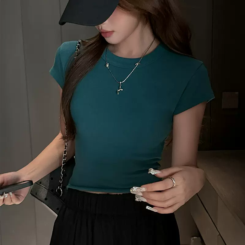 工厂韩系短款纯色圆领正肩短袖T恤女百搭休闲纯欲风基础款上衣