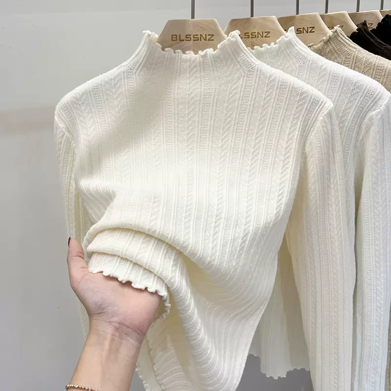 木耳边针织衫半高领打底衫女秋冬内搭白色打底毛衣女春秋新款上衣