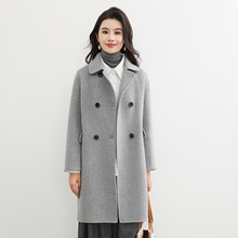 冬季中长款双面绵羊绒大衣女双排扣正肩宽松翻领羊毛呢子风衣外套