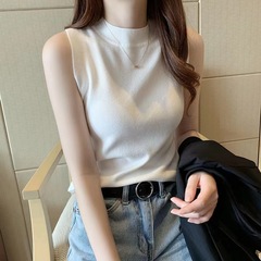 在庫あり、工場直送。レディースキャミソール、薄手アイスシルク、ノースリーブ、インナー、ショート丈、スーツの下に着るニット。