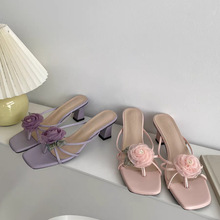 韩版仙女风优雅感玫瑰花拖鞋春夏新款配裙子增高显腿长高跟鞋