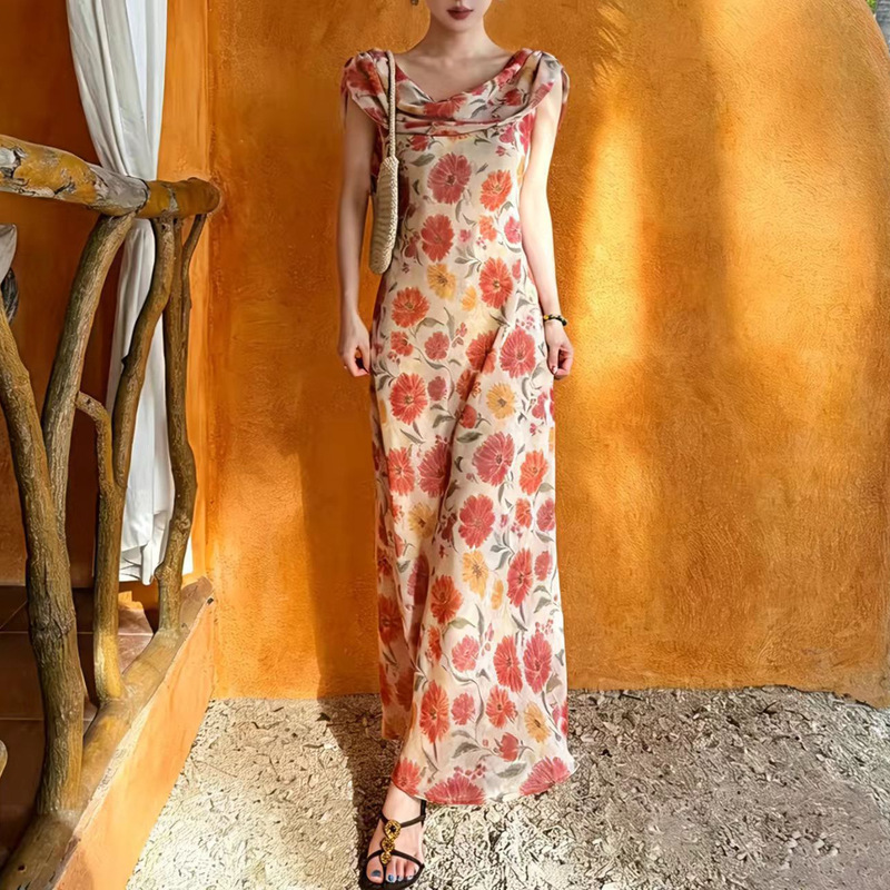 Dance Bead Retro Print Beaded Chiffon Dress Women's Summer Backless Diagonal Cut Swing Neck Long Dress