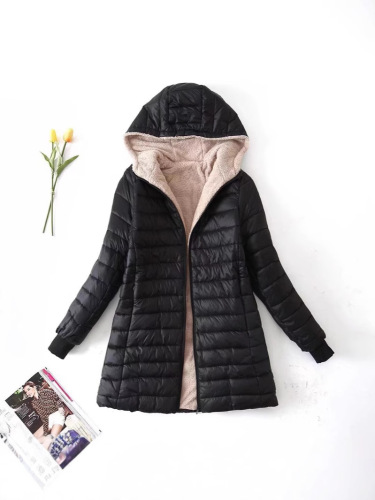 2025 Autumn/Winter New Korean Style Thick Fleece Lined Hooded Mid-Length Slim Fit Warm Lamb Wool Cotton Jacket for Women