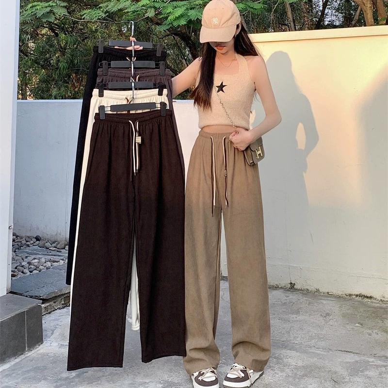 Модные ультратонкие широкие брюки для женщин, осенние и зимние повседневные универсальные вельветовые прямые брюки с высокой талией и двойной завязкой.