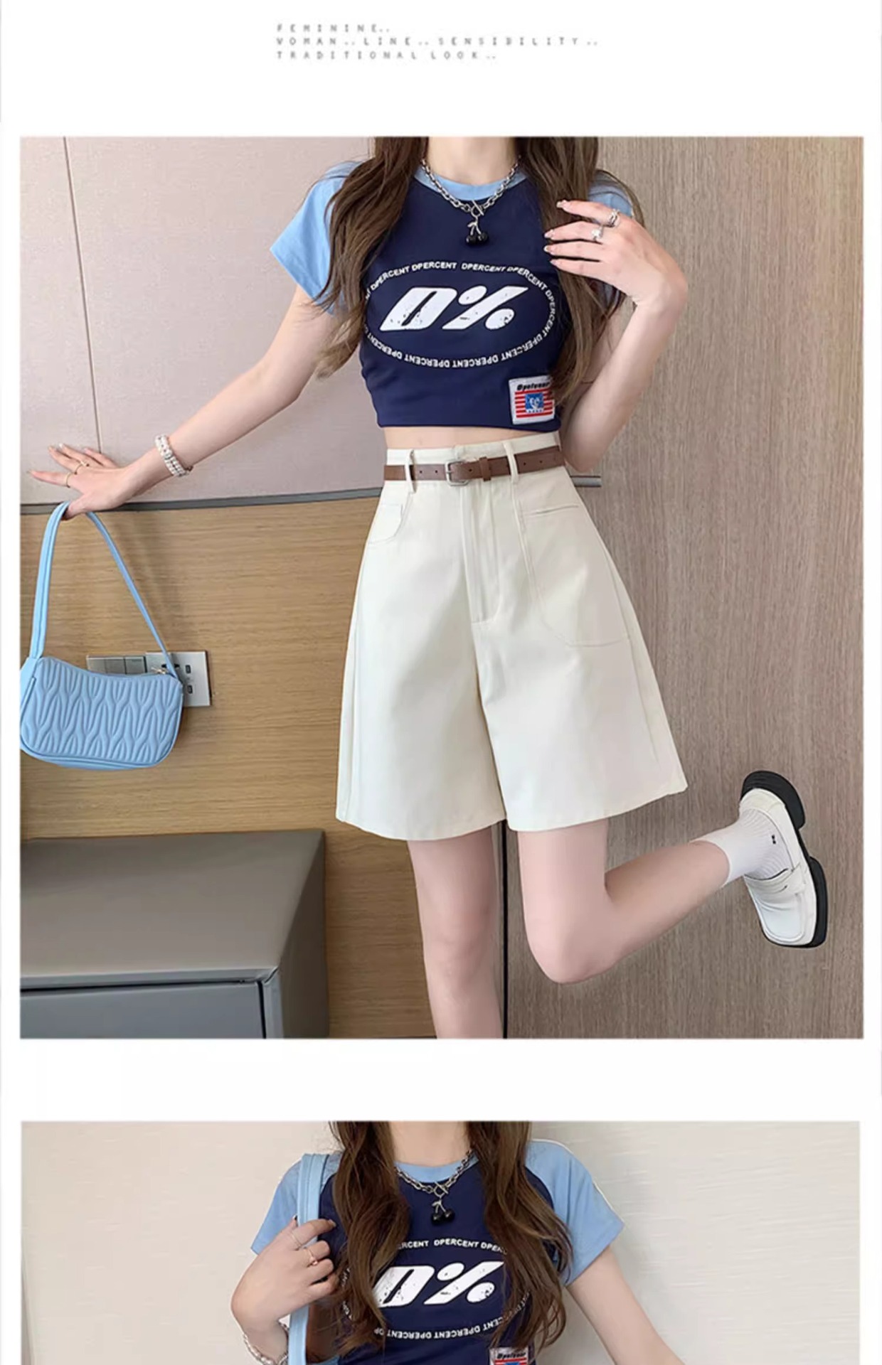 Quần short nữ cạp cao ống rộng dáng suông dài ngang đùi kiểu Hồng Kông — Màu đen chi tiết 12