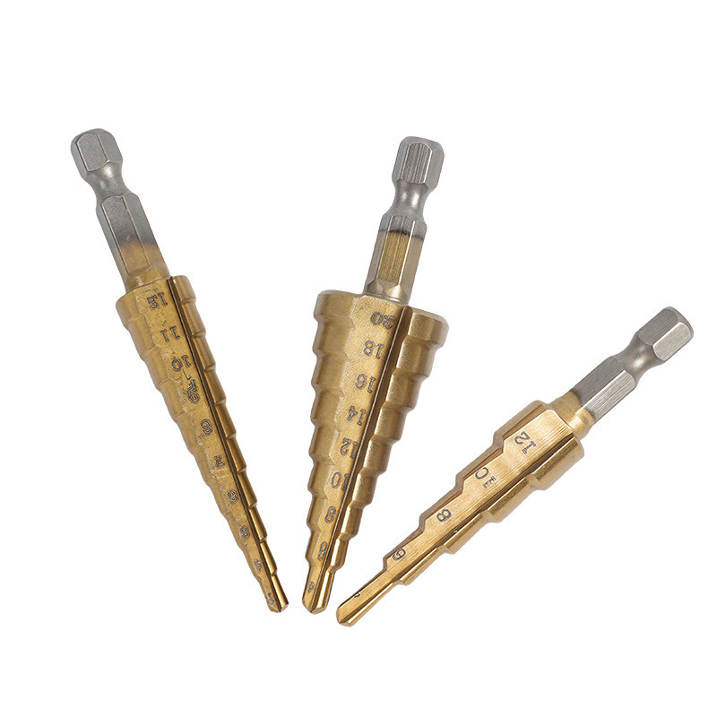 宝塔ドリル3点セット六角柄直溝公製チタンメッキ穴拡穴器ステップドリル3点セット階段ドリル|undefined
