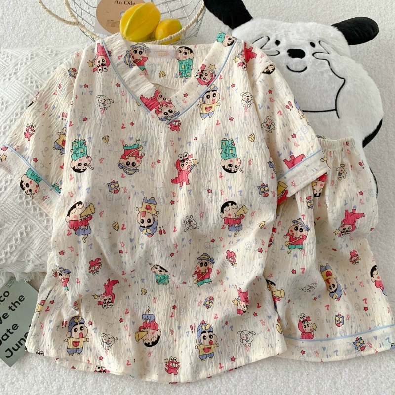 Милые пижамы с героями мультфильмов для женщин, летние хлопковые шорты с короткими рукавами и v-образным вырезом для девочек, летний комплект домашней одежды