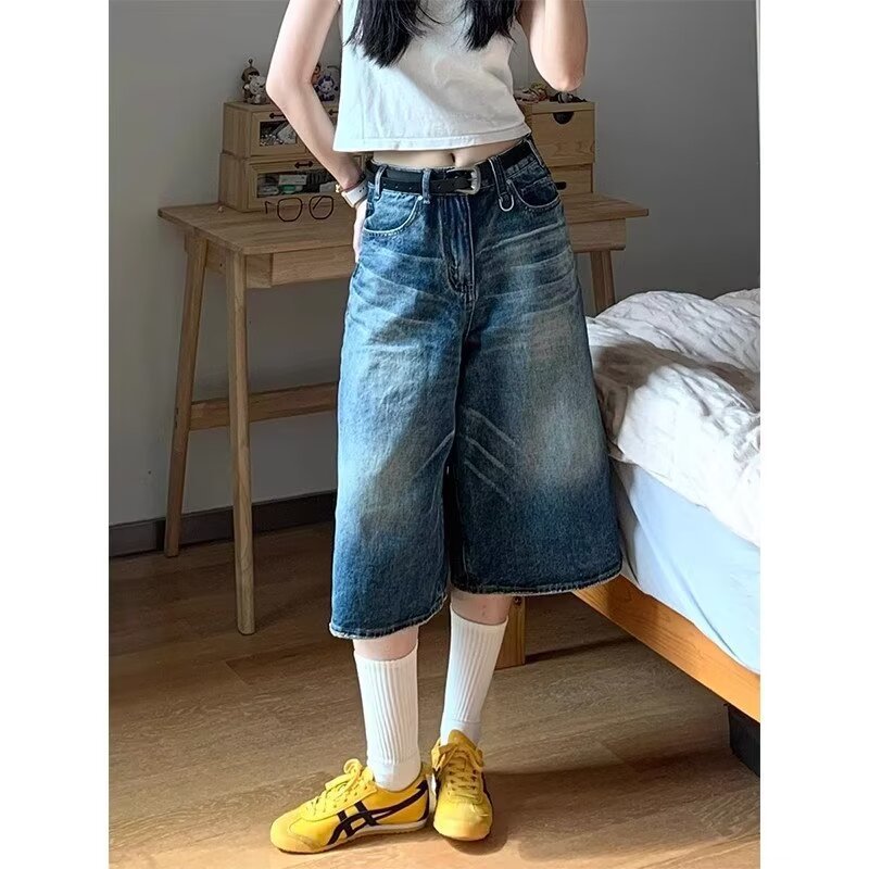 Denim Shorts Men's Summer Japanese Style Retro Ins Fashionable Brand Loose Cropped Pants Men's and Women's Fashionable Distinctive Wide-leg Pants