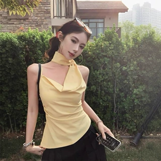 黄色飘带荡领美背吊带背心女夏季褶皱修身无袖外穿设计感辣妹上衣