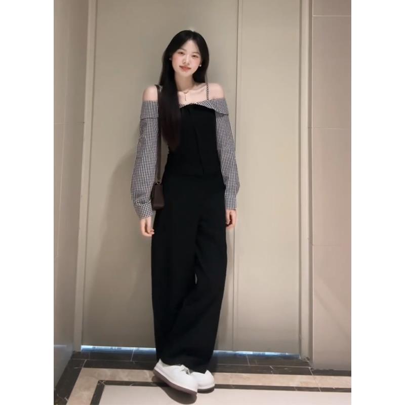 2025早秋新款女韩系穿搭一字肩拼接格纹上衣气质高腰显瘦阔腿长裤|undefined