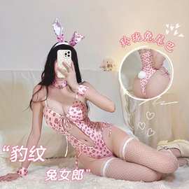 豹纹兔女郎情趣内衣开裆连体制服诱惑女套装调情性趣内衣兔女郎