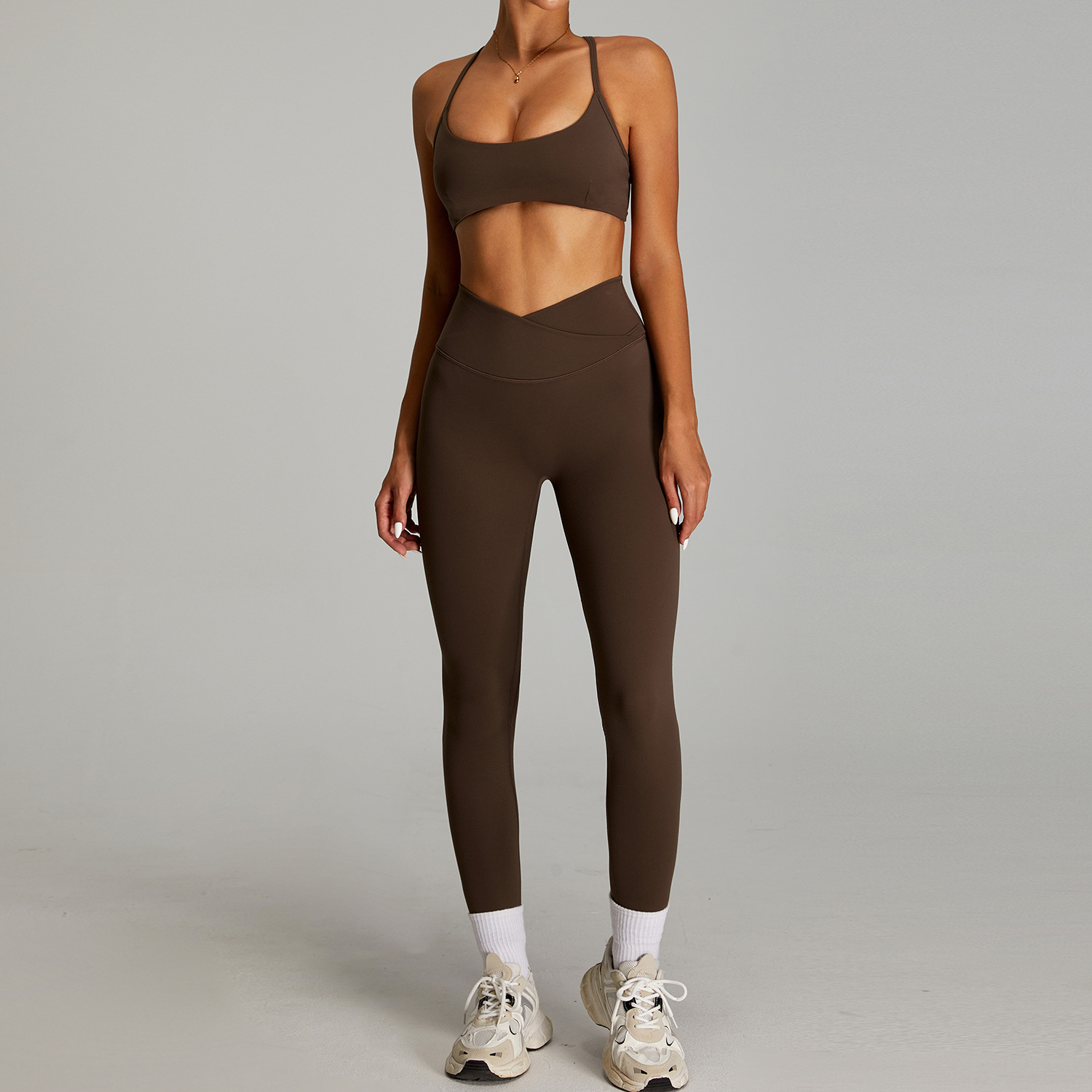Traje de ropa de yoga desnuda de cintura alta cruzada transfronteriza, ropa de fitness ajustada de secado rápido para mujer, traje de carrera para deportes al aire libre