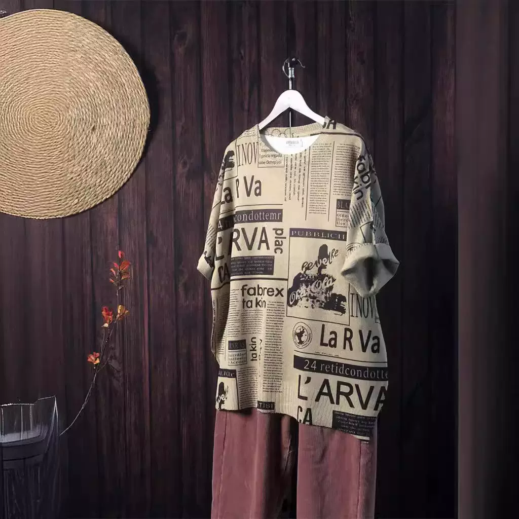 2024夏季印花短袖针织衫休闲大码宽松字母网格麻曲薄款甜美冰麻