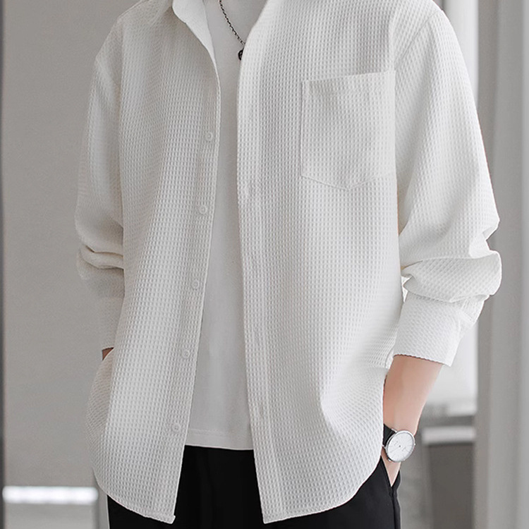 Versión coreana de la camisa de textura para hombres, estilo ligero cocido, suelto, manga larga, suave, ceroso, transpirable, camisa fresca, ropa de trabajo de moda, camisa de pulgadas, marea