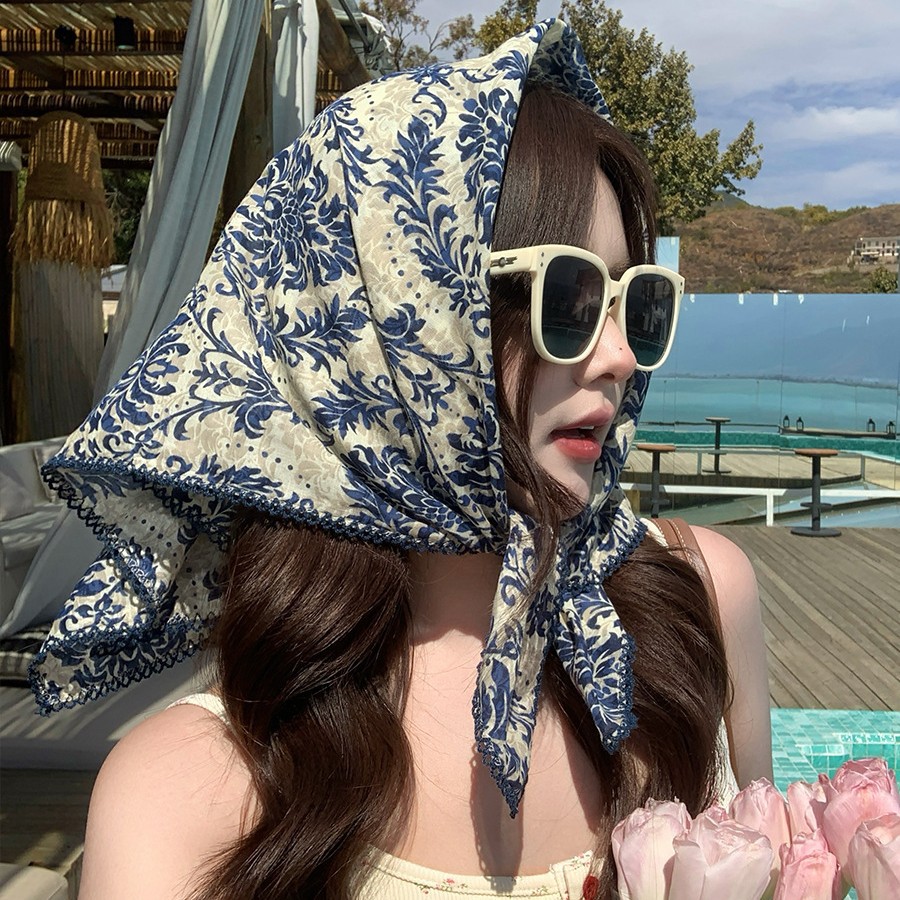 Pañuelo cuadrado de algodón estilo étnico retro mujer playa verano_voghion.com