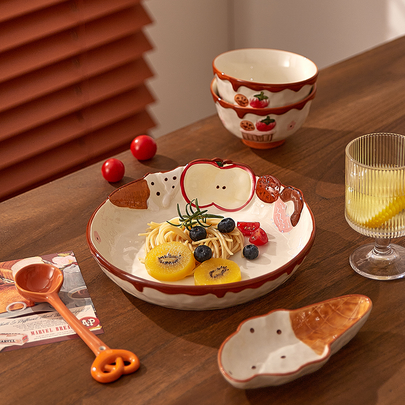 Ceramic Tableware Set with Cute Embossed Apple Design, Ice Cream Flavor Plate, Rice Bowl, Soup Noodle Bowl, Salad Pasta Fruit Plate