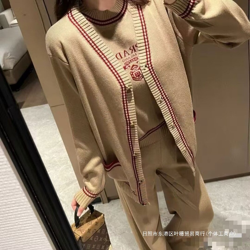 外贸欧美宽松三件套秋季2025针织开衫外套时尚字母套装上衣长袖新|undefined